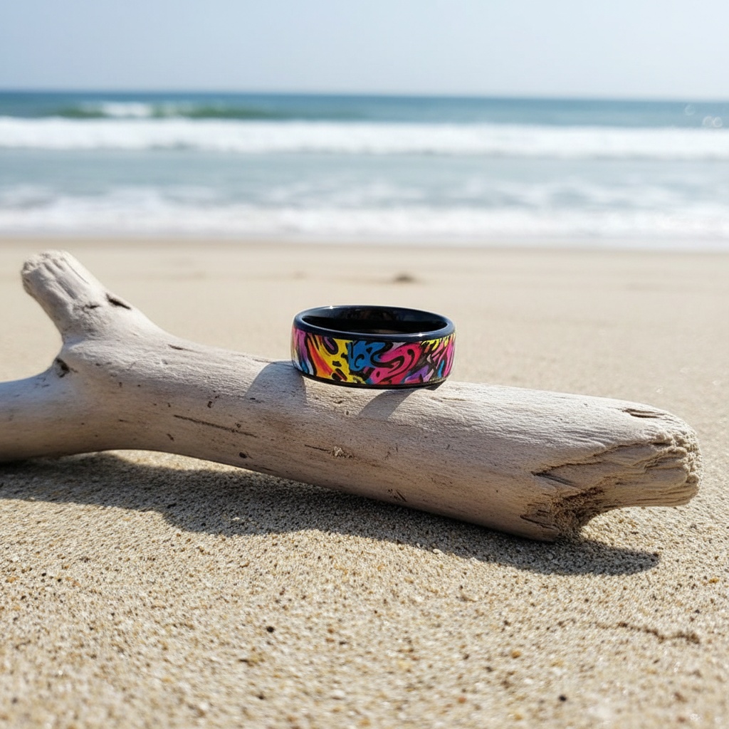 Women's 8mm Colorful Graffiti Inspired Stainless Steel Ring